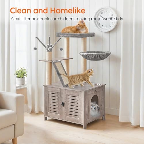 HOOBRO Cat Tree with Litter Box Enclosure, 44" Tall Wooden Cat Tower with Scratching Posts, Cat Hammock, Hidden Litter Box Furniture, All-in-One Indoor Cat Condo, Greige BG48MZ03