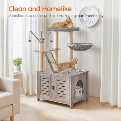 HOOBRO Cat Tree with Litter Box Enclosure, 44" Tall Wooden Cat Tower with Scratching Posts, Cat Hammock, Hidden Litter Box Furniture, All-in-One Indoor Cat Condo, Greige BG48MZ03