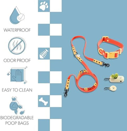 Medium Luna 8FT Adjustable 6-in-1 Waterproof Hands-Free Leash and Collar Set with LED Flashlight, Waste Bag Dispenser, and Poop Bag Holder, Orange, Aperol WLK1005A-5SET