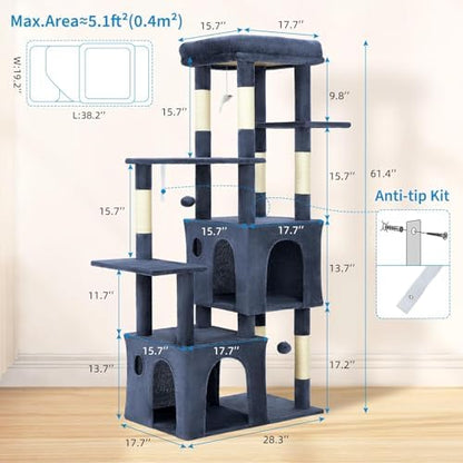Takywep Blue 61" Heavy Duty Cat Tree, Multi-Level Sturdy Cat Tower,2 Spacious Cat Condos Natural Sisal Scratching Posts & Interactive Toys