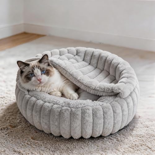 Cat Beds for Indoor Cats, 2 in 1 Cat Cave Bed Kitten Bed for Small Pets, Small Dog Bed with Cover, Pet Bed for Puppy and Kitten with Anti-Slip Bottom-Light Gray-24 inches