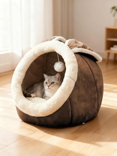 Cat Beds for Indoor Cats-Rabbit-Shaped Cat Cave Bed with Toy,Brown L