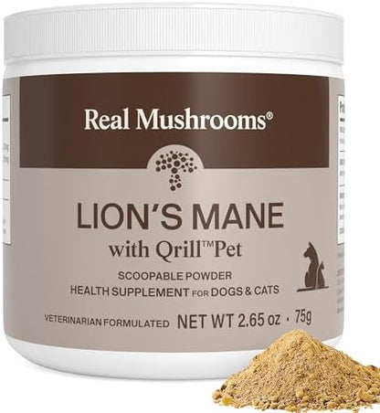 Real Mushrooms Lion’s Mane with Qrill Pet - Lion's Mane for Dogs and Cats with Krill Meal, Beta-Glucan Rich Mushroom Extracts for Immune, Digestion, and Brain Support for Puppies and Kittens, 75g