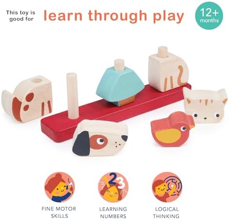 Mentari Interactive Pet Stacker Toy, 6-Piece Set, Kitten, Puppy, Bird, Base Board with Pegs