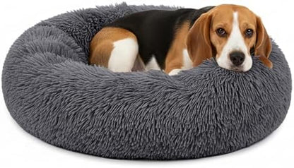 PetAmi Calming Donut Dog Bed, Washable Faux Fur, 30 Inch Medium, Grey