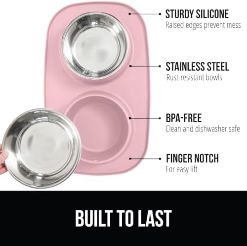 GORILLA GRIP Dog Bowl Set with Feeding Mat, 304 Stainless Steel, 1 Cup Pink