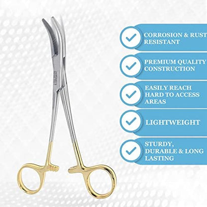 Dog Pet Ear/Nose Hair Puller Grooming Hemostat Locking Forceps Curved Pliers, 5.5" (14cm) Full Serrated Clamps Stainless Steel (Gold Handle)
