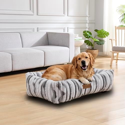 Modern Threads Ribbed Plush Two-Tone Cuddler Dog Bed, Ultra-Soft Faux Rabbit Fur, Supportive Bolstered Sides, Removable Washable Cover, Bed for Medium to Large Dogs, Silver, (34" L x 25" W x 9" Th)