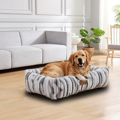 Modern Threads Ribbed Plush Two-Tone Cuddler Dog Bed, Ultra-Soft Faux Rabbit Fur, Supportive Bolstered Sides, Removable Washable Cover, Bed for Medium to Large Dogs, Silver, (34" L x 25" W x 9" Th)