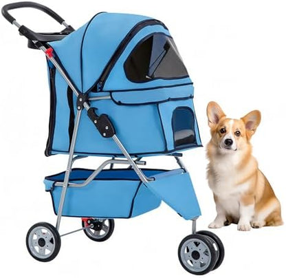 BestOffice Pet Stroller for Small Medium Dogs & Cats, 3-Wheel Foldable Dog Stroller with Cup Holder, Lightweight Travel Carrier, Waterproof Design for Outdoor Walks, Blue