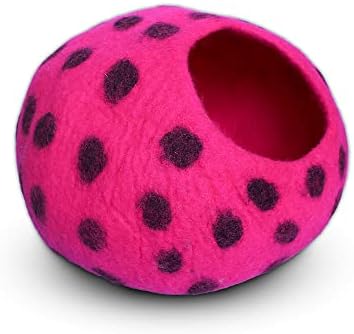 Woolygon Premium Felt Cat Cave Bed – Wool Kitty Beds Handcrafted Kitten Caves Bed for Indoor Cats - Made from Merino Wool, Foldable Cat Hideaway Covered Cat House Pod (Pink Polka)