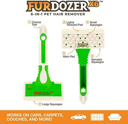 FurDozer Pet Hair Remover & Auto Detailing Tools - Cat & Dog Hair Remover for Carpets, Car Interiors, Couches, Bedding, & Pet Furniture (Green, X6)