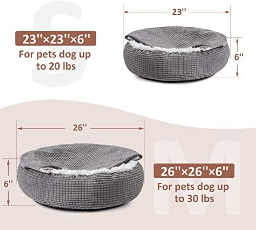 MIXJOY Small Dog Bed Cat Bed with Blanket Attached, Round Hooded Cozy Dog Cave Beds for Small Dogs, Soft Plush Cuddler Puppy Pet Bed, Anti-Slip Bottom, 23inch