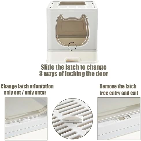 Gefryco Litter Box with Lid for Small to Medium Cats, Enclosed Cat Litter Box with Cover，High Sided Top Entry Cat Box with Brush and Scoop, Cute Kitty Litter Pan with Drawer for Growing Kittens(Grey)