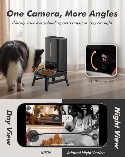 Automatic Dog Feeder for Large Breed with Camera - 15L/ 63 Cups Anti-Clog 5G WiFi Dog Food Dispenser for 2-23mm Kibble, Elevated Stand, Large Food Tray, 1080P HD Video with Night Vision, Keeps Fresh