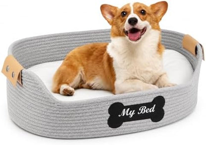 Cat Beds for Indoor Cats, 21.6''X15.7'' Cotton Rope Kitty Nap Bed with Soft Cushion, Handwoven Basket - Scratch Resistant