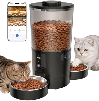 Dual-Camera Automatic Pet Feeder with 2 Bowls, 6L Smart Feeder for 2 Cats