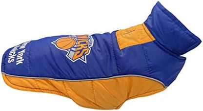 NBA New York Knicks Puffer Vest for Dogs & Cats, Size Medium. Warm, Cozy, and Waterproof Dog Coat, for Small and Large Dogs/Cats. Best NBA Licensed PET Warming Sports Jacket