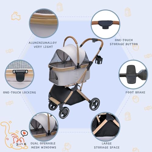 Chihuahua 3-in-1 Foldable Pet Stroller 4-Wheel for Small Dogs,Light Coffee