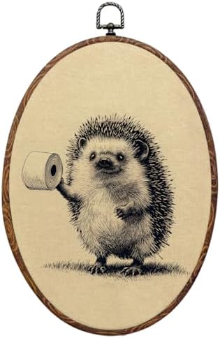 Funny Bathroom Oval Framed Wall Art, Vintage Hedgehog Canvas Art Wall Decor，Cottagecore Bathroom Hanging Decor Painting Artwork for Home Farmhouse Bedroom Living Room Office Toilet 8.3x12inch