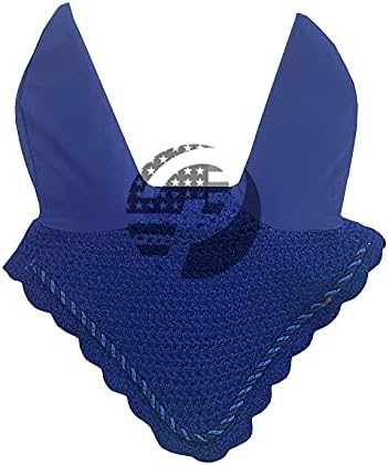Horse Ear Bonnet Fly Veil Crochet Equestrian with Piping 30 Color Full/COB/Pony (Medium/COB, Blue)