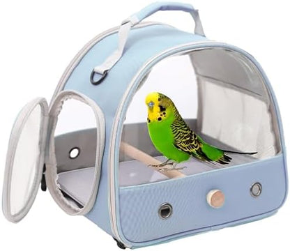 Bird Carrier, Portable Small Bird Parrot Parakeet Carrier with Standing Perch and Soft Mat, Side Access Window Collapsible (Blue, Clear Windows)
