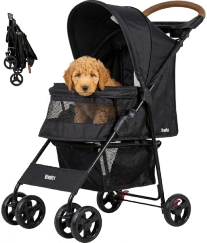 Pet Stroller for Small Dogs & Cats, Foldable Pet Stroller with Breathable Mesh, Storage Basket & Cup Holder, Lightweight 4-Wheel Dog Stroller, Portable Travel Pet Carrier (Up to 35 lbs)