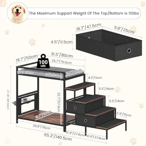 kepptory Dog Window Perch with 360° & Adjustable Raised Feeder, Pet Stairs Ramp with Stairs and Storage, Pet Bunk Bed with Small Pet Step