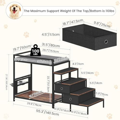 kepptory Dog Window Perch with 360° & Adjustable Raised Feeder, Pet Stairs Ramp with Stairs and Storage, Pet Bunk Bed with Small Pet Step