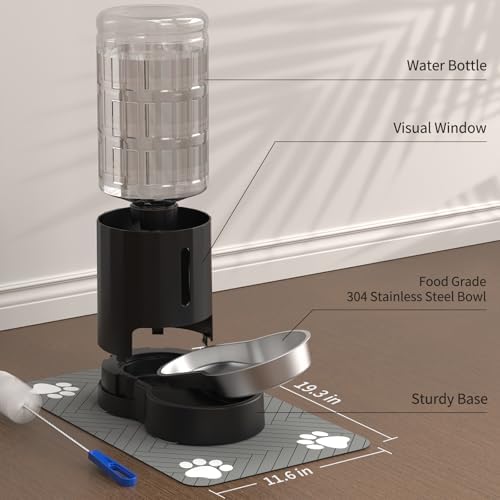JUNSPOW Cat Water Dispenser with Placemat & Stainless Steel Bowl (4L Black)