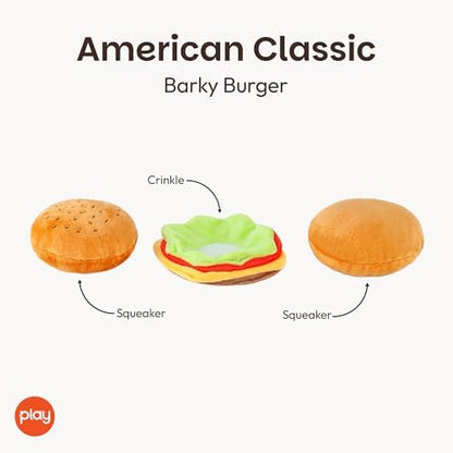 P.L.A.Y. Cute Plush Dog Toys - Fast Food Themed Durable Giggle Chew Toy, Great for Puppies & Small, Medium, Large Dog - Machine Washable, Recycled Materials (American Classic Burger, Medium)