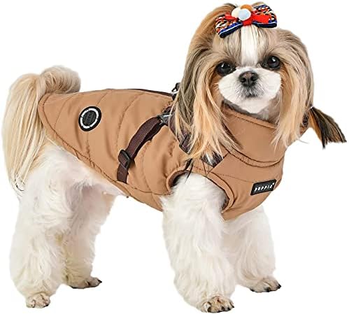 Puppia Mountaineer Winter Dog Coat with Integrated Harness No Pull Cold Weather Waterproof Warm Fleece Back Zipper for Small & Medium Dog, Beige, Medium