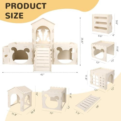 Extra Large Rabbit Castle, Wooden Bunny House & Hay Feeder, Detachable Rabbit Hideaway, Indoor Rabbit Castle with Ramp, Small Animal Houses & Habitats