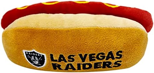Pets First NFL LAS Vegas Raiders HOT Dog Plush Dog - Cutest HOT-Dog Snack Plush Toy for Dogs & Cats with Inner Squeaker & Beautiful Football Team Name/Logo,Team Color,8 x 5 x 3 Inches,OAK-3354