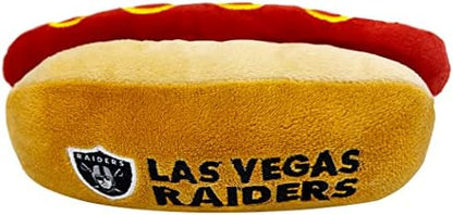 Pets First NFL LAS Vegas Raiders HOT Dog Plush Dog - Cutest HOT-Dog Snack Plush Toy for Dogs & Cats with Inner Squeaker & Beautiful Football Team Name/Logo,Team Color,8 x 5 x 3 Inches,OAK-3354