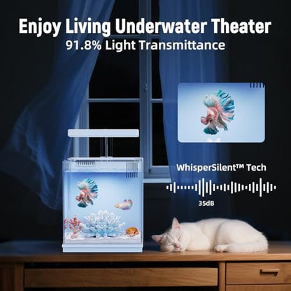 AQUASMITH 2-Gallon All-in-One Fish Tank – Silent Pump, 3-Stage Filtration & Easy Water Change, Perfect Self-Care Betta Aquarium Kit for Kids & Beginners (White