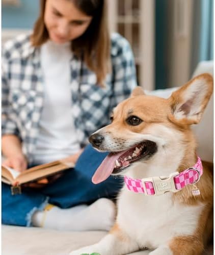 Summer Dog Collar, Pink Checkered Cotton Dog Collar with Quick Release, Gift Pink Collars for Small Medium Large Girls or Boys Dogs Cute Durable Comfortable Pet Collars