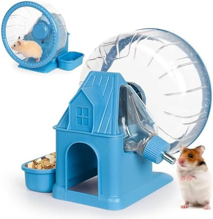 Vannon 4 in 1 Quiet Hamster Exercise Wheel, Multi Functional Hamster House with Running Wheel, Water Bottle, Food Bowl and Hideout, Small Animals Exercise Running Toys for Hamsters Gerbils Mice, Blue