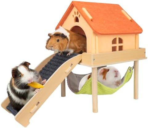 BESNEW 3 in 1 Enlarged Guinea Pig Hammock,Wooden Guinea Pig Hideout with House & Platform & Stairs Small Animal Toys for Hiding Sleeping Activities