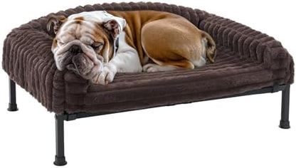 Veehoo Elevated Dog Bed with Bolster Cushion, Fluffy Plush Dog Couch Beds for Small Dogs, Cats, Washable Raised Pet Cot with Non-Slip Feet for Indoor or Patios Use, 36 x 28 Inches, Brown