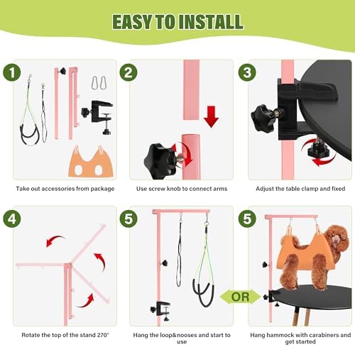 getlstub Dog Grooming Arm with Pet Grooming Hammock, 35" Pet Grooming Table Arm with Adjustable No Sit Haunch Holders, Dog Grooming Stand with Loop Noose for Small and Medium Pets, Pink