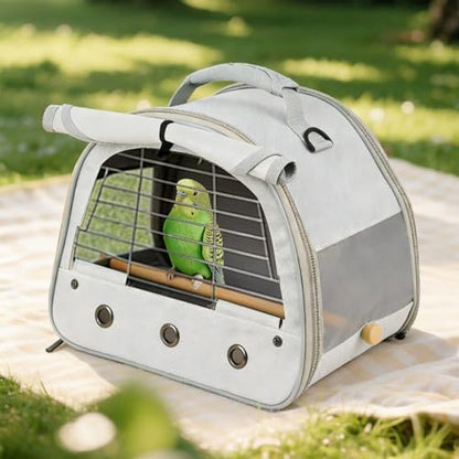 Bird Travel Carrier Cage, with Stainless Steel Metal Window and Wood Perch, Portable Bag for Cockatiel Parakeet Conure Green Cheek Budgie (Grey, Steel Window)
