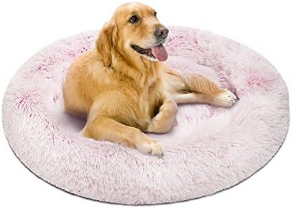 Friends Forever Donut Dog Bed Faux Fur Fluffy Calming Sofa For Large Dogs, Soft & Plush Anti Anxiety Pet Couch For Dogs, Machine Washable Coco Pet Bed with Non-Slip Bottom, 36"x36"x8" Pink