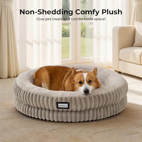 BALANCE Donut Dog Bed, 30 Inches Round Dog Bed Medium Size Dogs Washable, Orthopedic Calming Dogs Beds for Kitten, Fluffy Plush Faux Fur Pet Bed with Anti-Slip Bottom