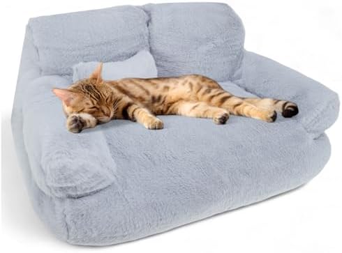 Cat Sofa, Pet Bed with Bolstered Edges, Extra Plush Sponge Padding, Cat Beds for Indoor with Removable Washable Cover, Non-Slip Bottom, Grey