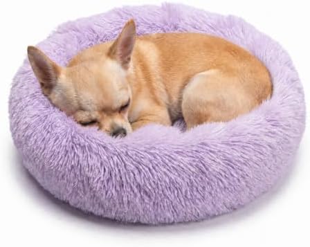 Tiny Dog Bed 15 Inch for Extra Small Dogs,Washable Puppy Bed,Soft Faux Fur Calming Donut Bed for Chihuahua Yorkie Maltese Pomeranian,Purple and White