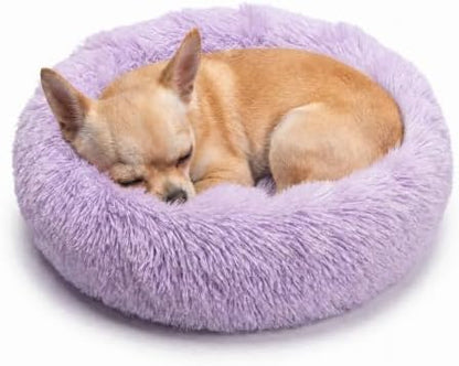 Tiny Dog Bed 15 Inch for Extra Small Dogs,Washable Puppy Bed,Soft Faux Fur Calming Donut Bed for Chihuahua Yorkie Maltese Pomeranian,Purple and White