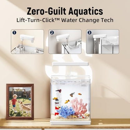 AQUASMITH 2-Gallon All-in-One Fish Tank – Silent Pump, 3-Stage Filtration & Easy Water Change, Perfect Self-Care Betta Aquarium Kit for Kids & Beginners (White