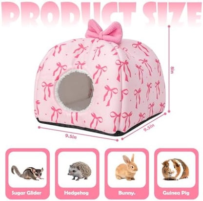JarThenaAMCS Washable Guinea Pig House Bed Pink Bow Bunny Hideout Cage Accessories Reusable Hideaway for Ferret Hedgehog Small Animal, 9.5 x 9.5 x 8 Inch