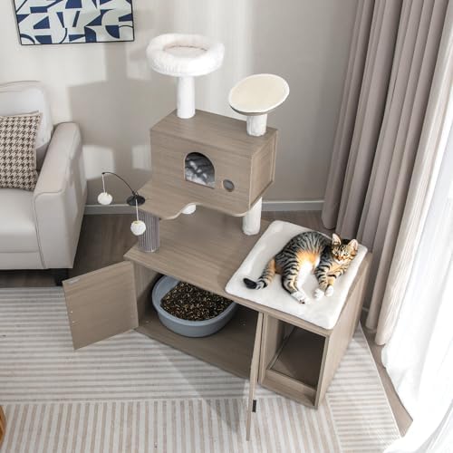 PETSITE Cat Tree with Litter Box Enclosure, 2-in-1 Modern Cat Tower with Condos, Top Perch, Sisal Posts, Scratching Board, Platform, Dangling Balls, Hidden Litter Box with Cat Tree (52 Inches Tall)